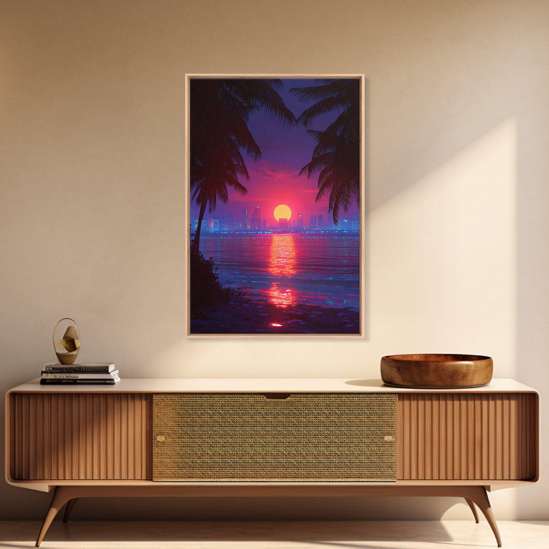 Retrowave Neon Sunset Cityscape Wall Art Canvas Print Modern Wall Art Miami Home Decor