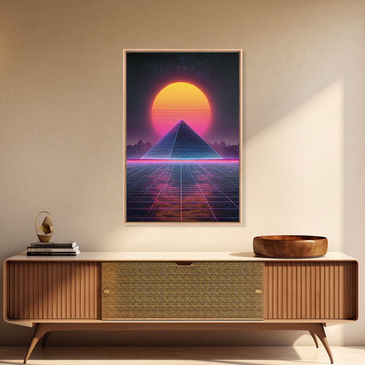 Retro Futuristic Neon Pyramid Digital Artwork Wall Art Framed Canvas Print For Sci Fi Bedroom Decor Modern Tech Art Gift