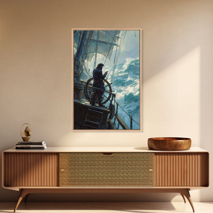 Stormy Sailor At Ship Wheel Large Canvas Print, Nautical Seascape Wall Art, Ocean Painting, Coastal Decor For Living Room