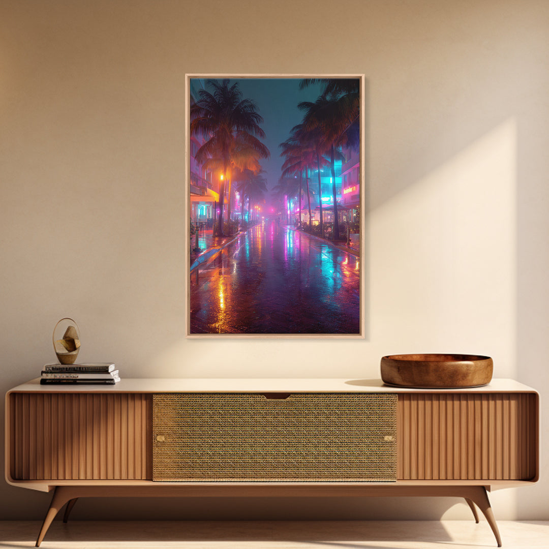 Wet Neon City Street At Night Rainfall Reflection Wall Art Modern Canvas Print For Bedroom And Living Room Decor