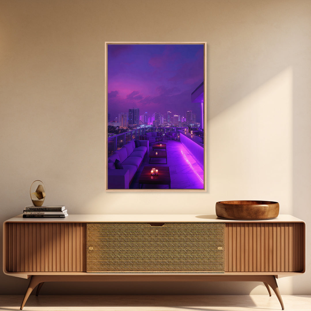 Modern City Nightscape With Vibrant Purple Neon Lights Wall Art Canvas Print Trendy Home Décor For Living Room