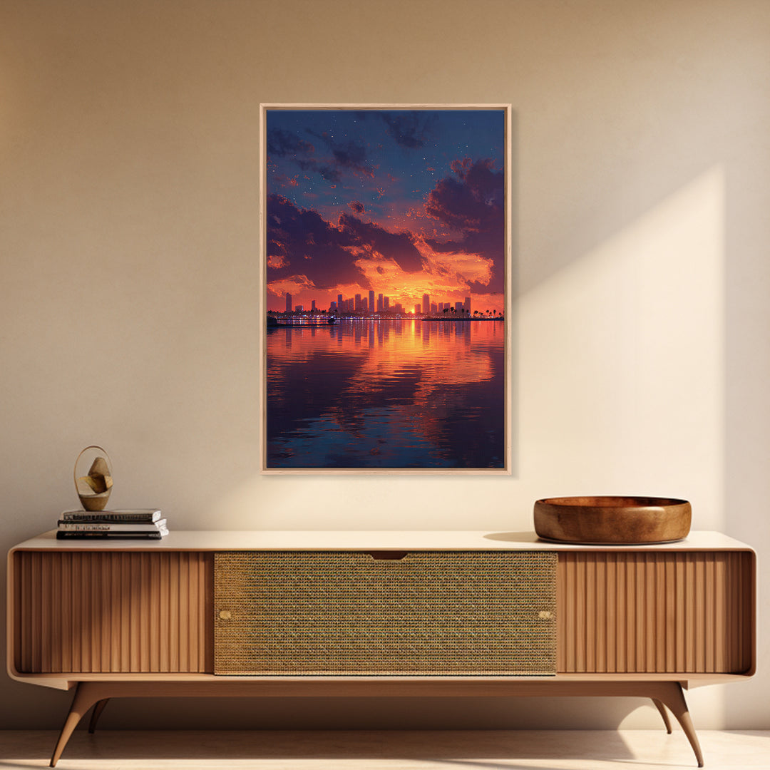 Stunning City Skyline Sunset Landscape Reflection Wall Art Canvas Print For Modern Home Decor
