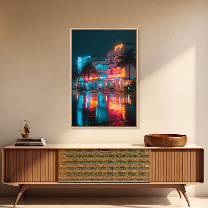 Neon City Night Scene With Palm Trees And Vibrant Lights Ultra Modern Wall Art Framed Canvas Print For Urban Home Decor