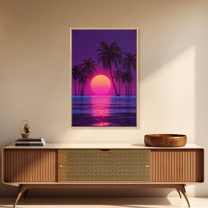 Vivid Neon Sunset With Palm Trees And Reflective Waterfall Retro Futuristic Landscape Wall Art Canvas Print