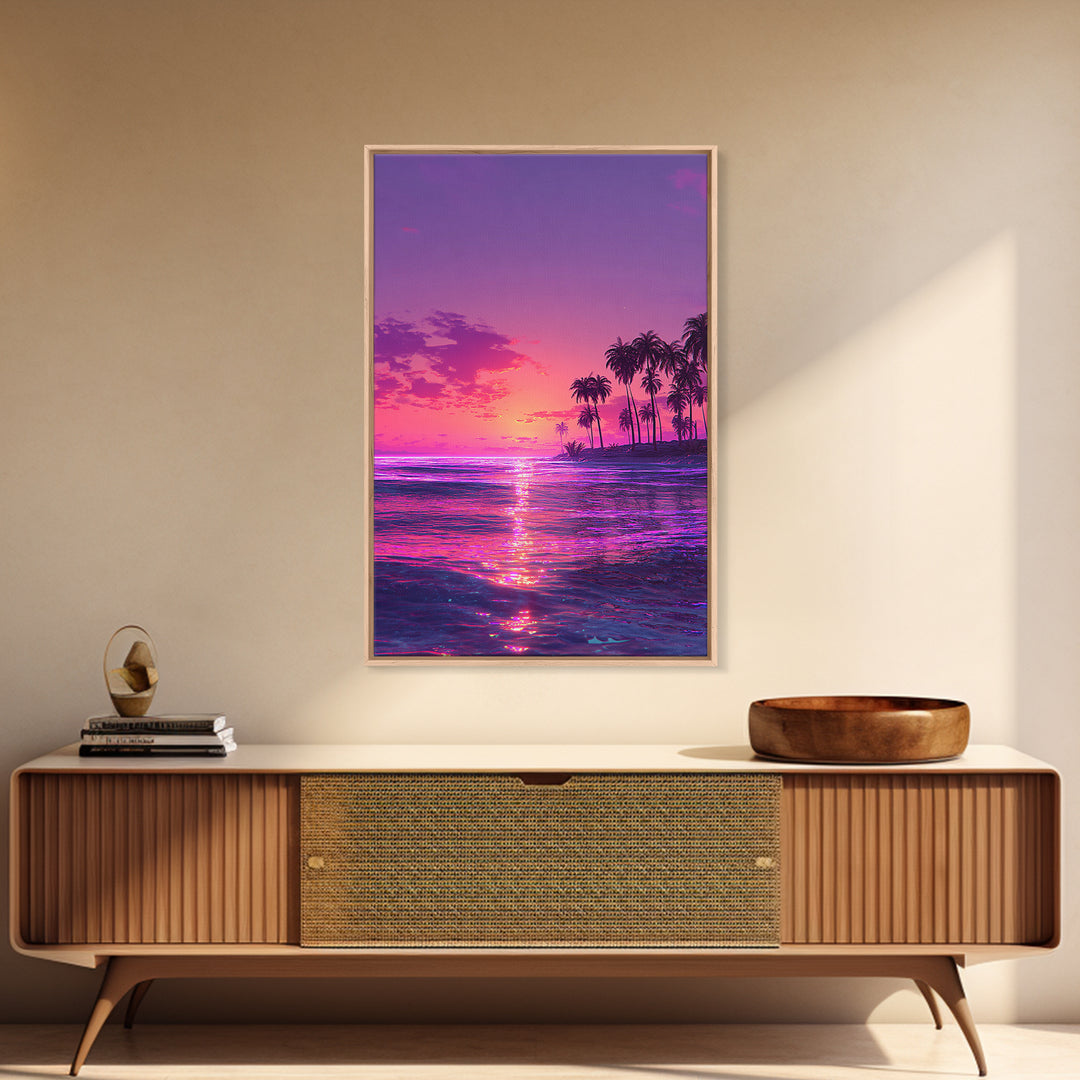 Vibrant Neon Pink And Purple Tropical Sunset With Palm Trees Coastal Wall Art Canvas Print For Modern Beach Decor