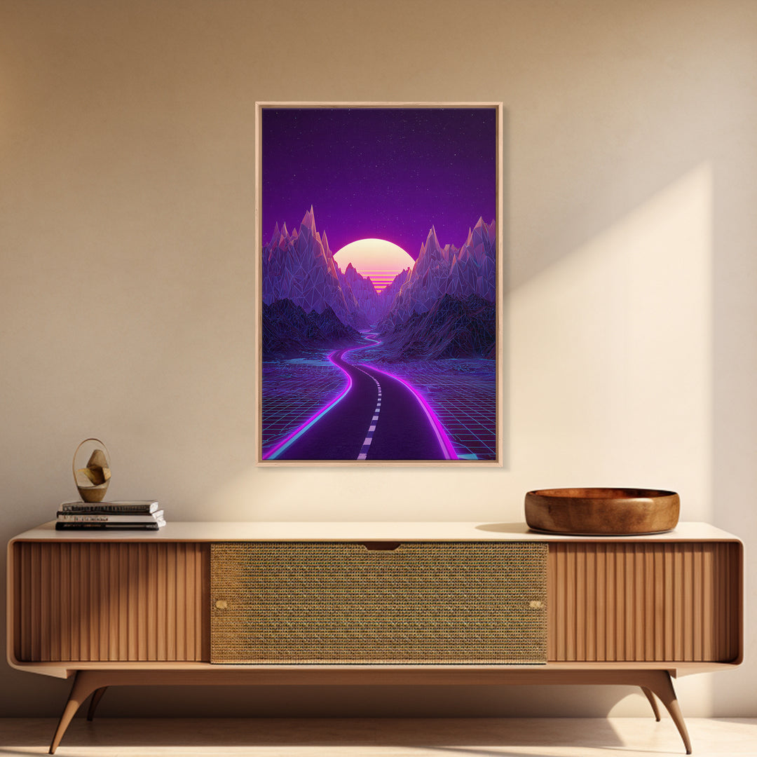 Cyberpunk Cityscape At Night With Purple Neon Lights Reflecting On Water Modern Wall Art Framed Canvas Print For Trendy Decor