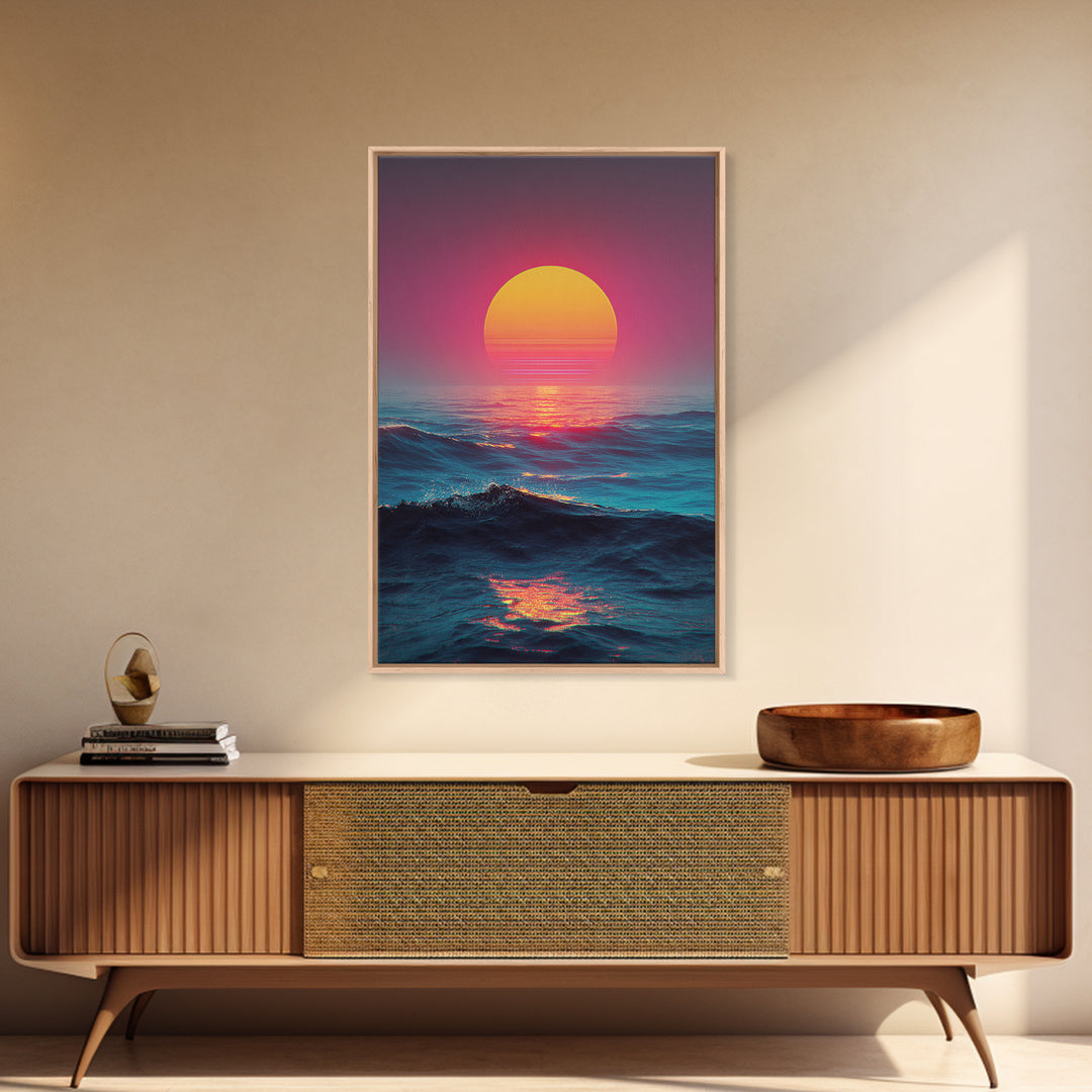 Vibrant Sunset Over Ocean With Pink And Yellow Sun Reflection Canvas Print For Modern Coastal Wall Art Decor