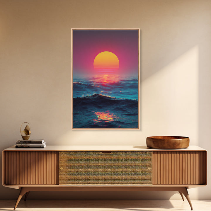 Vibrant Sunset Over Ocean With Pink And Yellow Sun Reflection Canvas Print For Modern Coastal Wall Art Decor