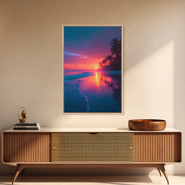 Colorful Tropical Beach Sunset With Palm Trees Vibrant Landscape Wall Art Modern Framed Canvas Print Coastal Home Decor