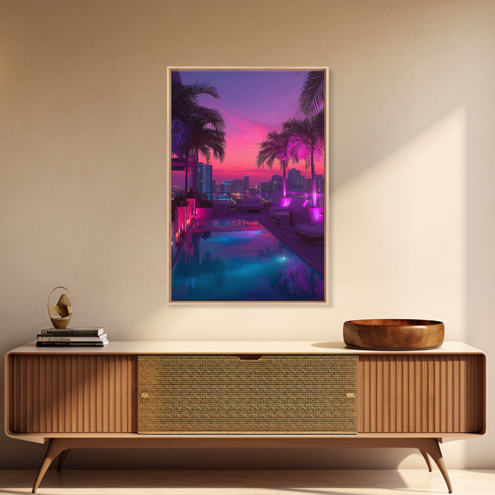 Modern Rooftop Pool Sunset Miami Cityscape Night View Wall Art Canvas Print For Office Living Room Decor