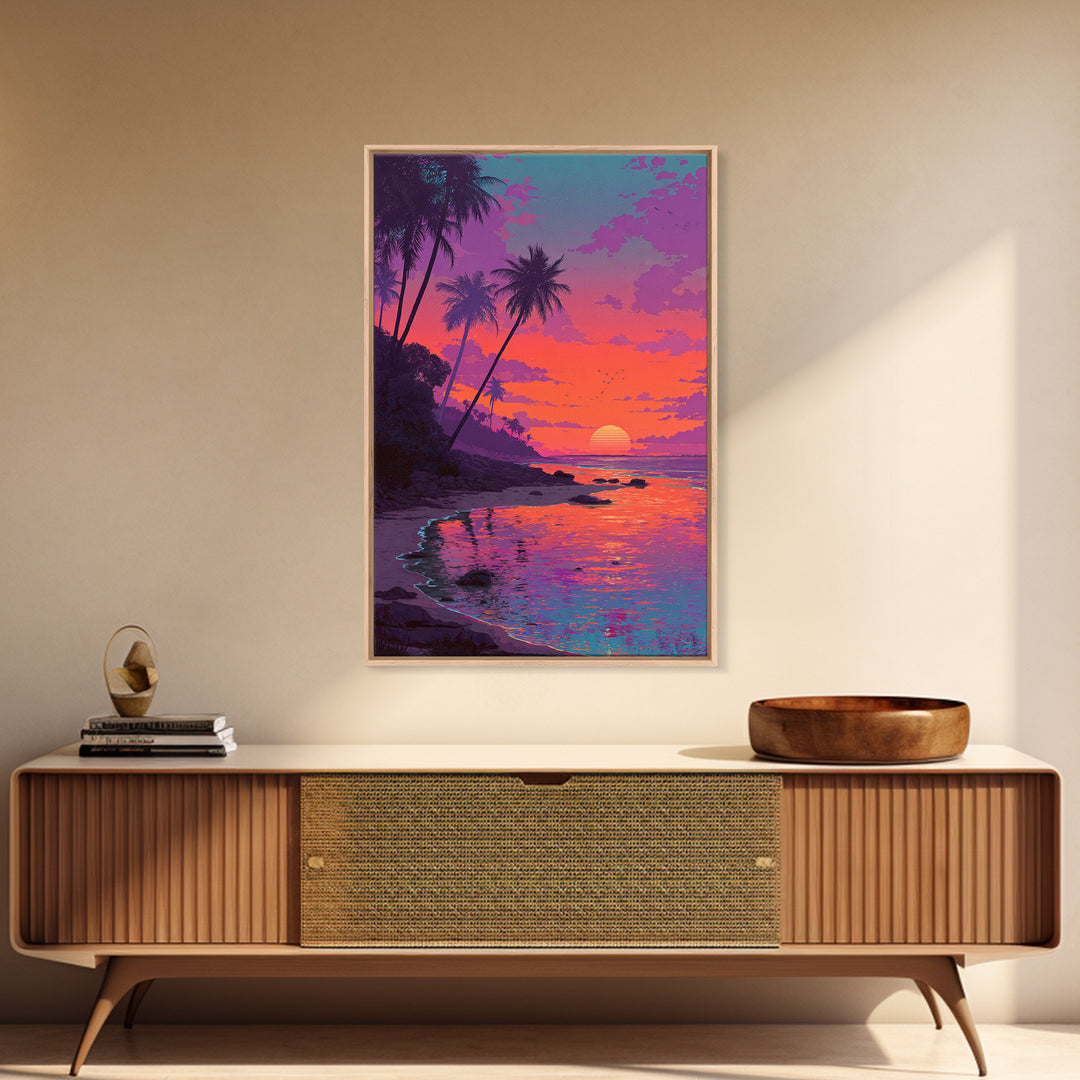 Colorful Tropical Sunset Beach With Palm Trees Reflecting In Water Vibrant Wall Art Canvas Print