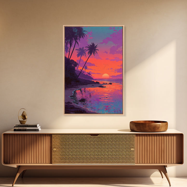 Colorful Tropical Sunset Beach With Palm Trees Reflecting In Water Vibrant Wall Art Canvas Print