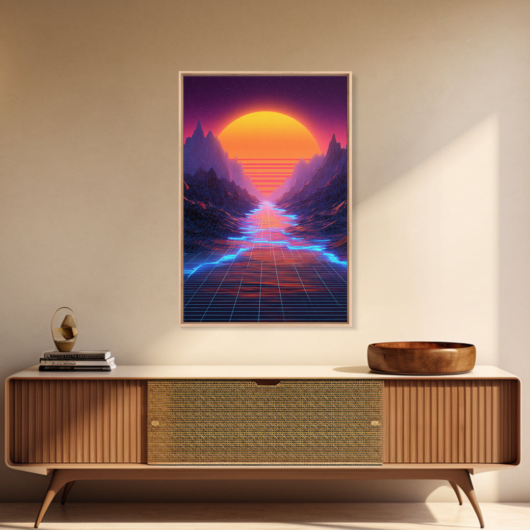 Retro Synthwave Landscape With Neon Grid Road And Large Sun Wall Art Canvas Print For Modern Living Room Decor