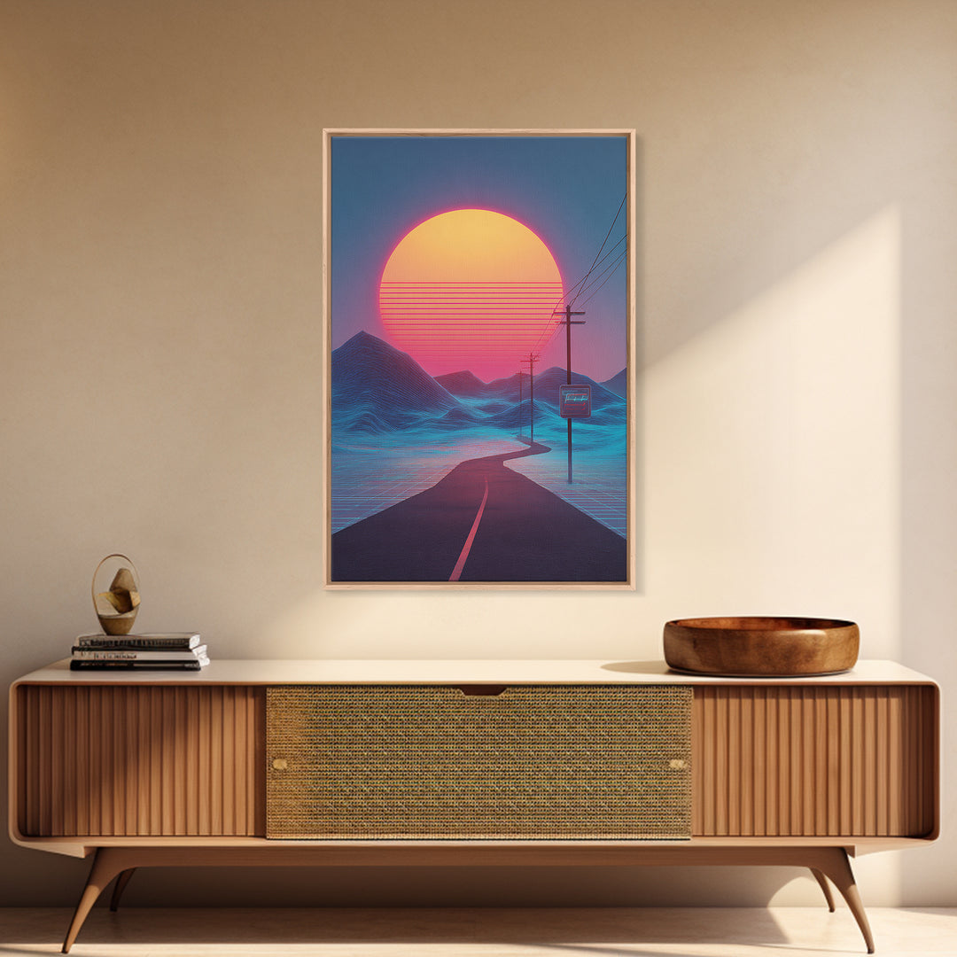 Synthwave Landscape With Electric Colors Neon Sun And Grid Mountains Digital Wall Art Canvas Print