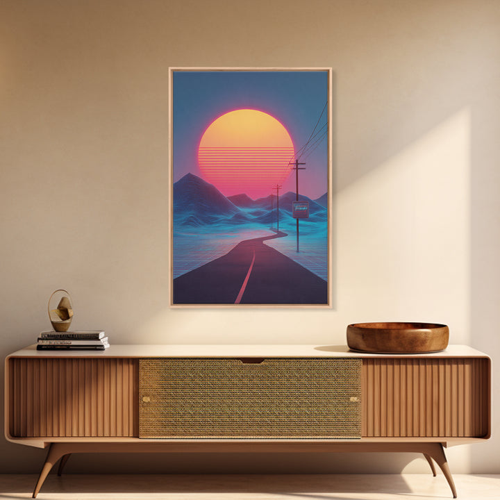 Synthwave Landscape With Electric Colors Neon Sun And Grid Mountains Digital Wall Art Canvas Print