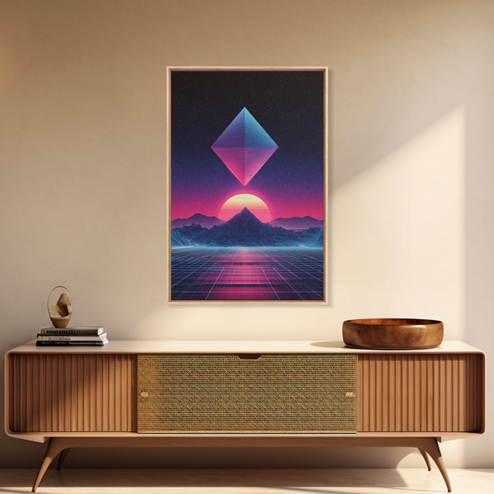 Futuristic Neon Pyramid Sunset Scene Wall Art Featuring Geometric Mountains With A Vibrant Canvas Print
