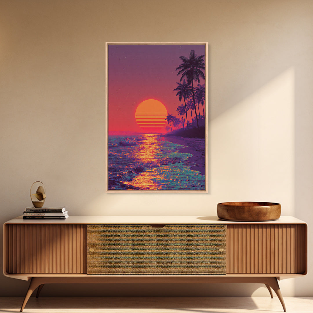 Vibrant Neon Sunset Over Tropical Beach With Palm Trees Wall Art For Modern Home Decor And Living Room Canvas Print
