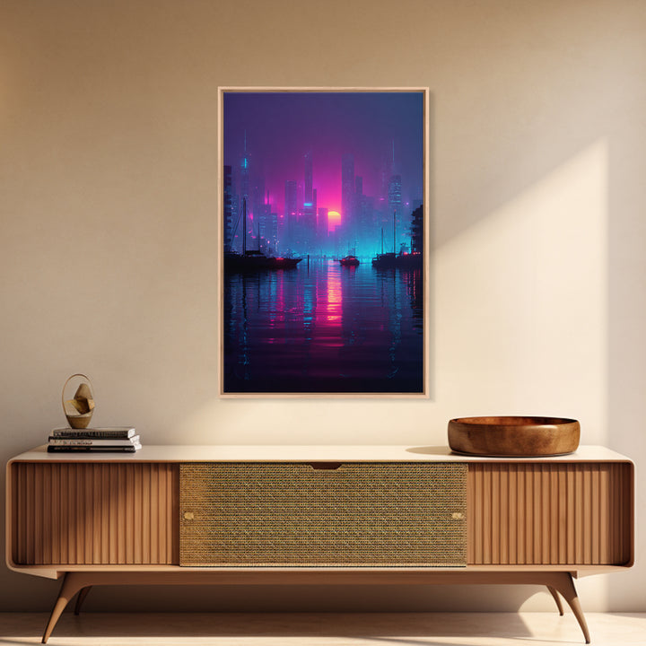 Futuristic Neon Cityscape With Sun Setting Over Harbor Framed Canvas Print For Cyberpunk Wall Art And Modern Home Decor