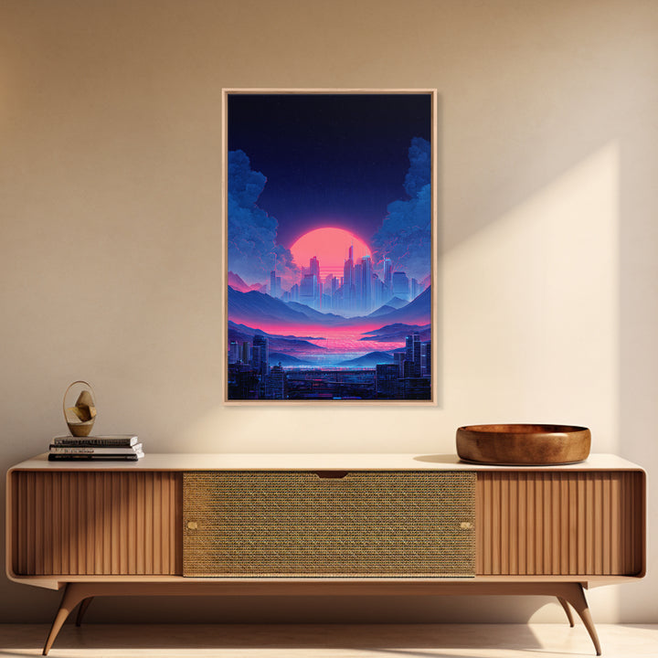Futuristic Vibrant Neon Cityscape Digital Artwork Cyberpunk Sunset Modern Wall Art Large Framed Canvas Print