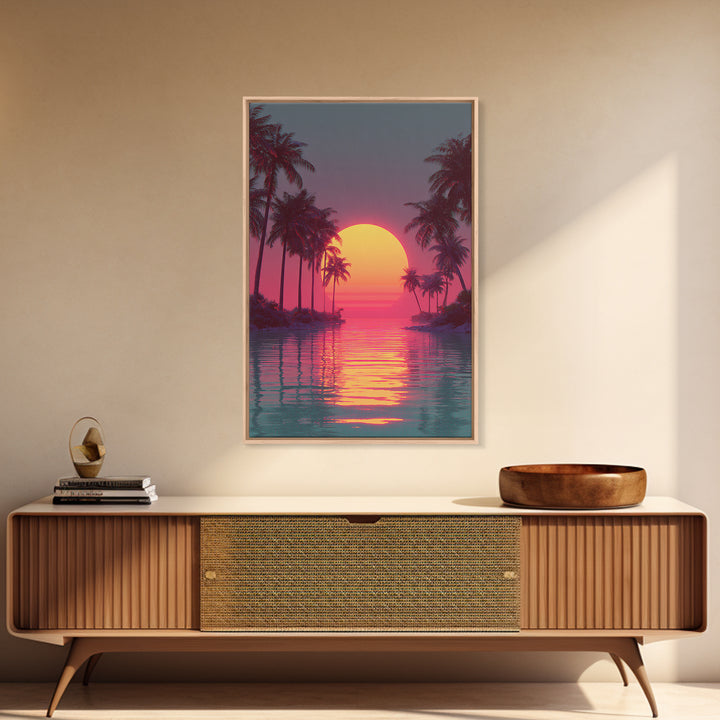 Retro Futuristic Vibrant Palm Trees Sunset With Neon Pink Sky Canvas Print Tropical Wall Art Coastal Decor Modern Wall Art