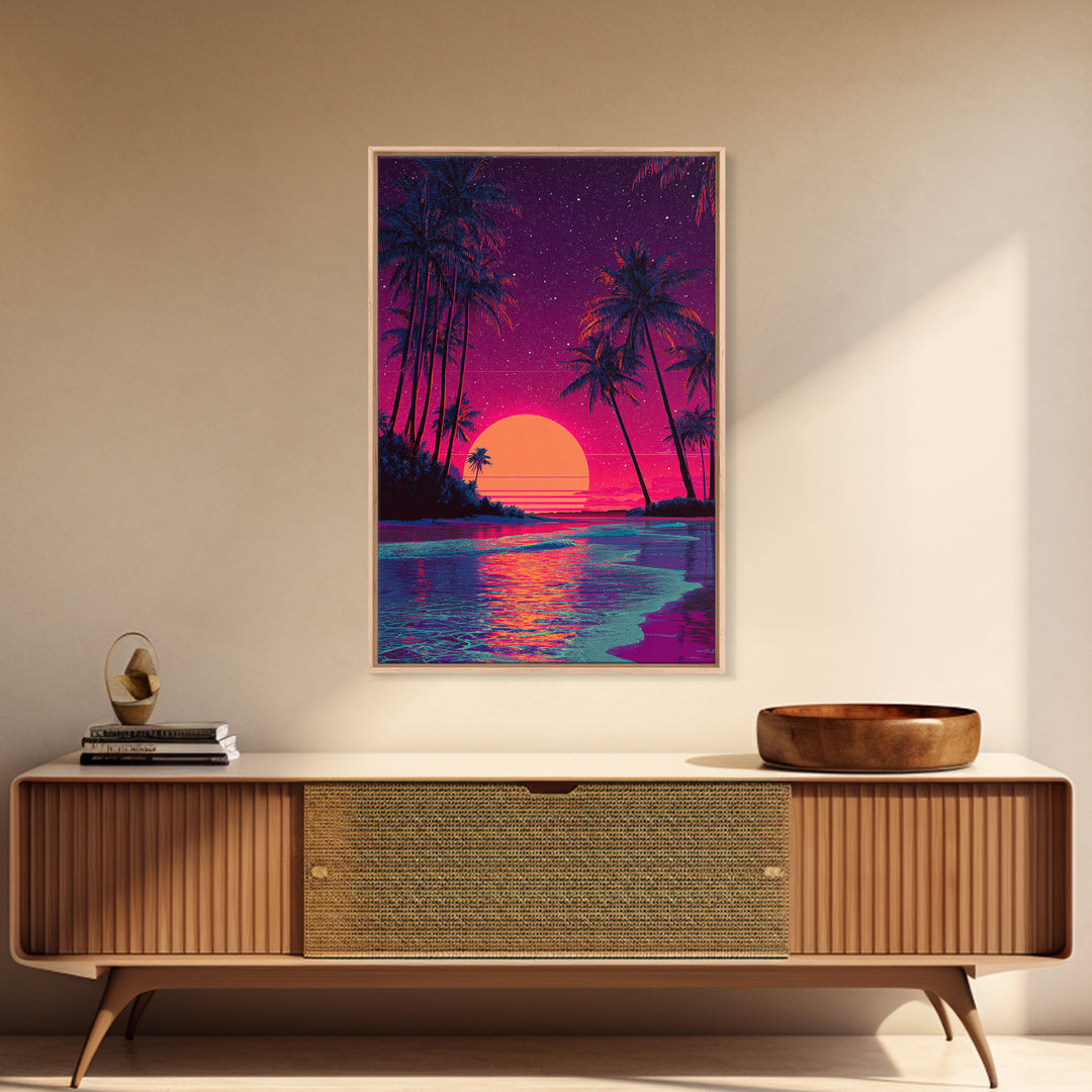 Retro Tropical Sunset With Palm Trees And Starry Sky Wall Art Canvas Print For Boho And Coastal Bedroom Decor