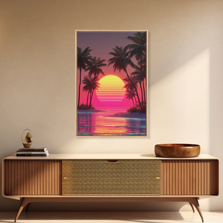 Dreamy Pink Sunset Tropical Island Palm Trees Calm Water Canvas Print Wall Art For Coastal Home Decor