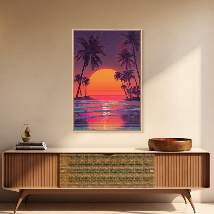 Vibrant Retro Sunset With Palm Trees Beach Scene Wall Art Canvas Print For Modern Home Decor And Coastal Wall Decor