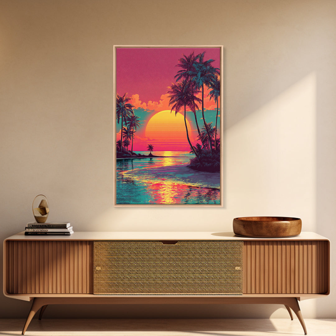 Vibrant Sunset Tropical Landscape With Palm Trees And Ocean View - Framed Canvas Print Coastal Wall Art For Home Decor