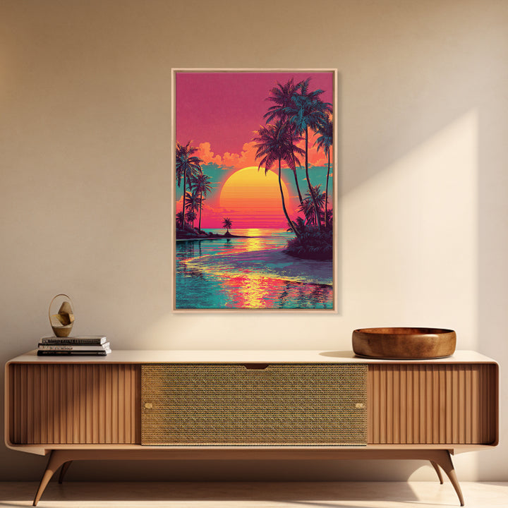 Vibrant Sunset Tropical Landscape With Palm Trees And Ocean View - Framed Canvas Print Coastal Wall Art For Home Decor