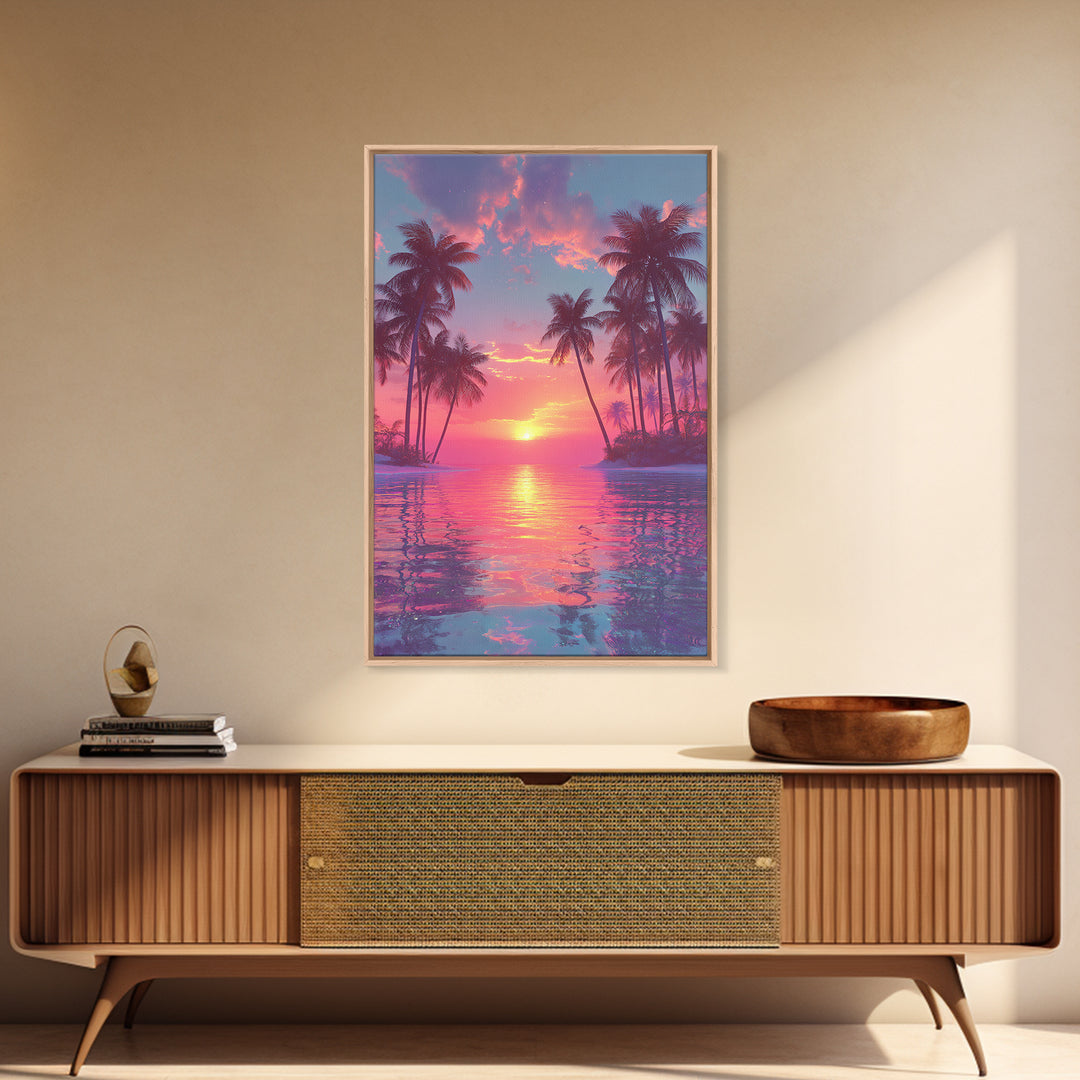 Tropical Sunset Palm Trees Over Water Vibrant Pink And Orange Sky Canvas Print For Modern Wall Art And Home Decor