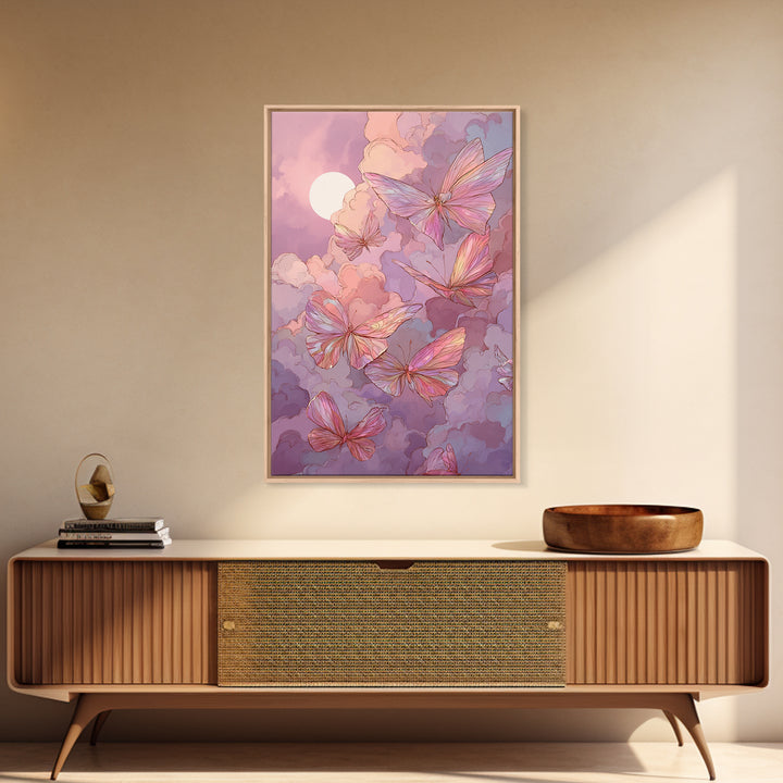 Pink Butterfly Moonlit Clouds Wall Art, Whimsical Nursery Decor, Celestial Art Print, Pastel Girls Room Decor, Gift For Her