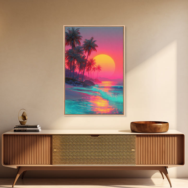 Tropical Beach With Palm Trees And Vibrant Sunset Reflections Large Framed Canvas Print Wall Art