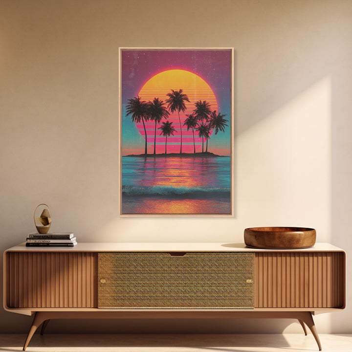 Retro Sunset With Palm Trees Against Gradient Sky Vibrant Framed Canvas Print For Tropical Wall Art And Home Decor