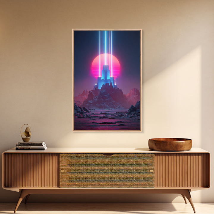 Retro Futuristic Neon Cityscape Digital Art Modern Wall Art Framed Canvas Print For Home Decor