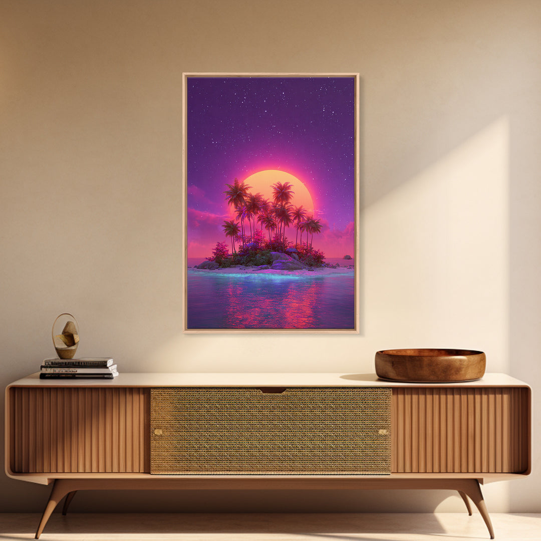 Neon Sunset Tropical Island With Palm Trees Canvas Print Vibrant Wall Art For Coastal Decor And Trendy Home Decor