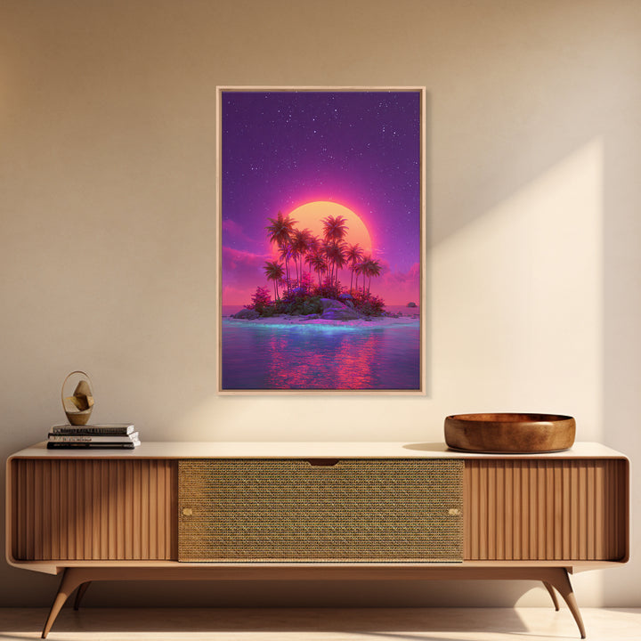 Neon Sunset Tropical Island With Palm Trees Canvas Print Vibrant Wall Art For Coastal Decor And Trendy Home Decor