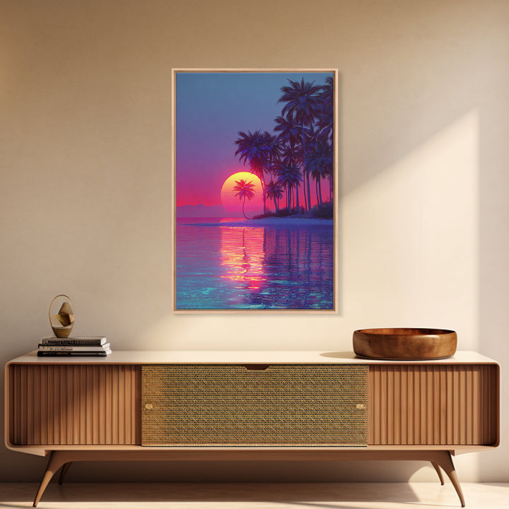 Vaporwave Tropical Sunset With Palm Trees Beach Reflection Canvas Print For Modern Home Decor Wall Art