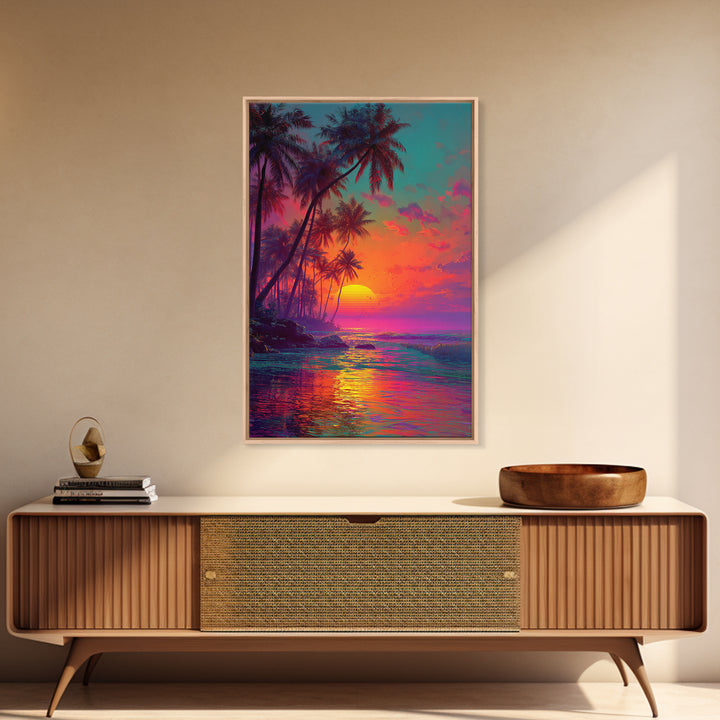 Vibrant Tropical Sunset With Palm Trees Over Ocean Framed Canvas Print Perfect For Coastal Home Decor