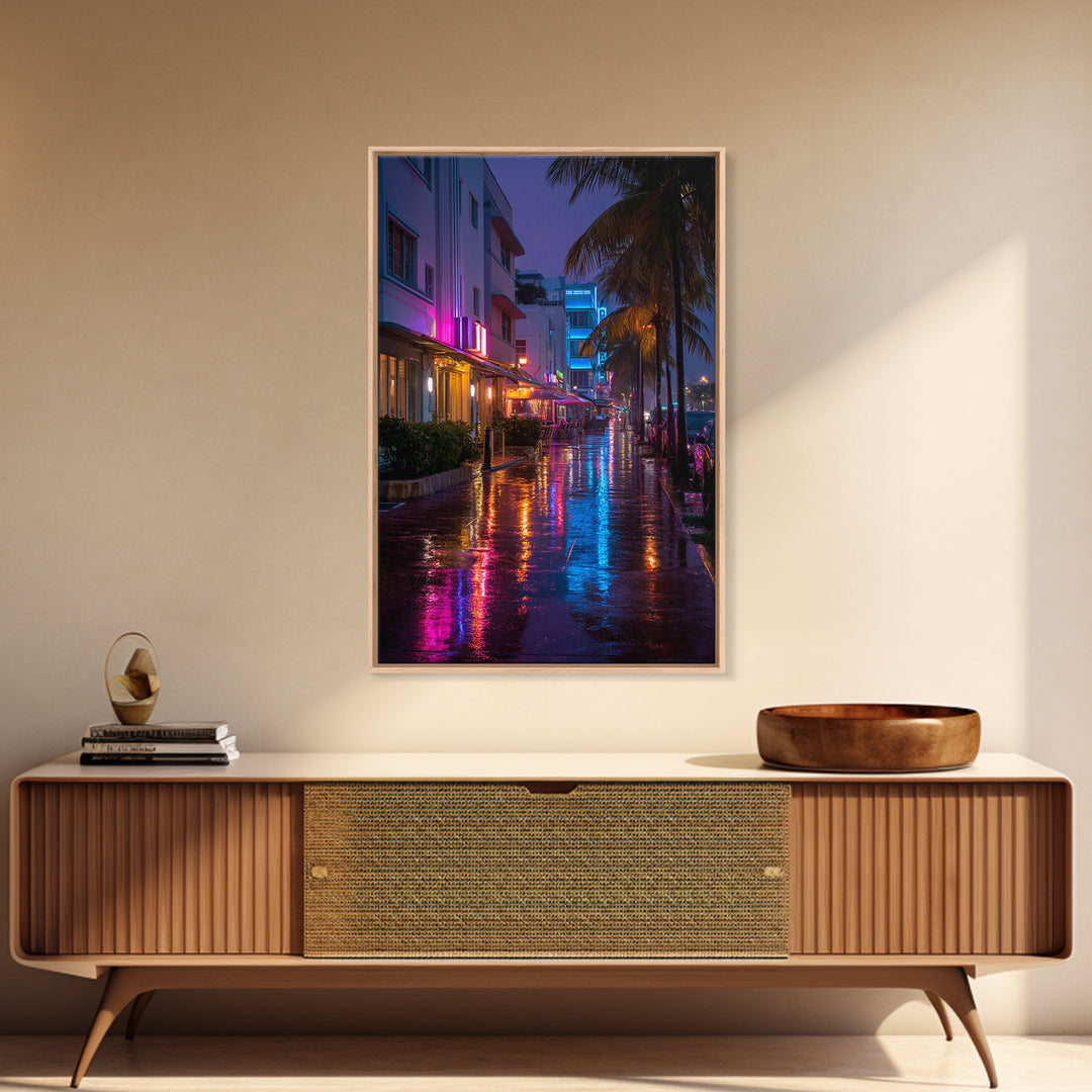 Vibrant Neon Miami Street Nightscape With Palm Trees Digital Wall Art Canvas Print For Chic Living Room Home Decor