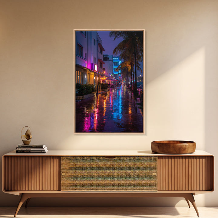 Vibrant Neon Miami Street Nightscape With Palm Trees Digital Wall Art Canvas Print For Chic Living Room Home Decor