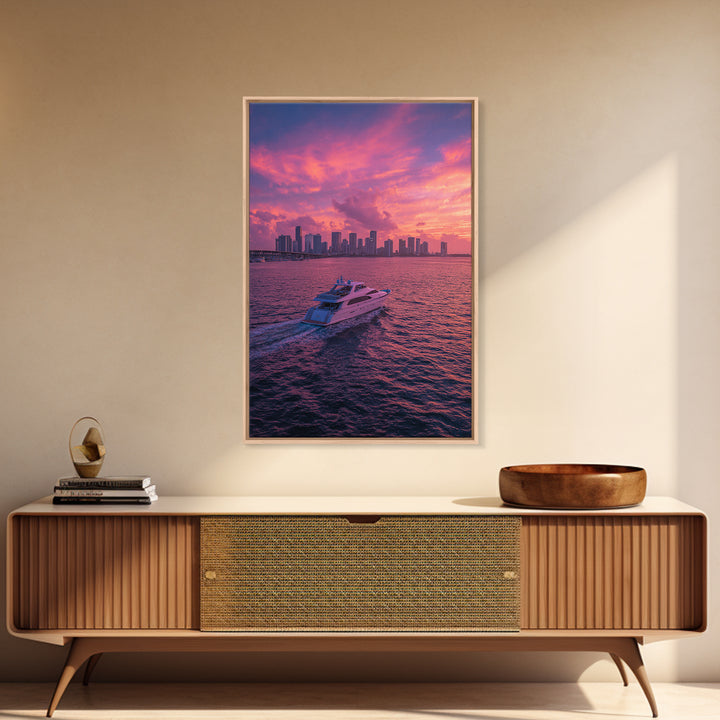 Luxury Yacht Sailing Into Stunning Miami Sunset Skyline Wall Art Framed Canvas Print For Living Room Decor