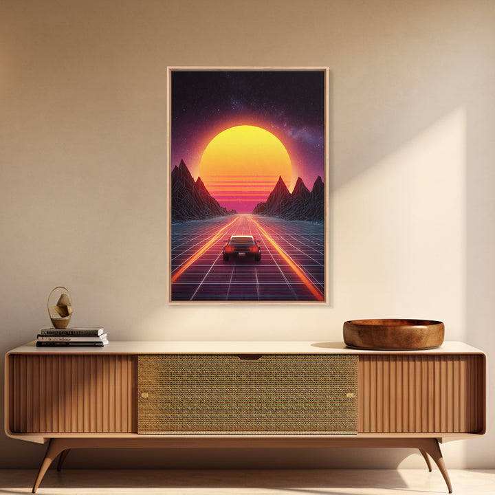 Vibrant Retro Futuristic Road Landscape Canvas Print With Neon Sunset And Car Driving Through Digital Mountains