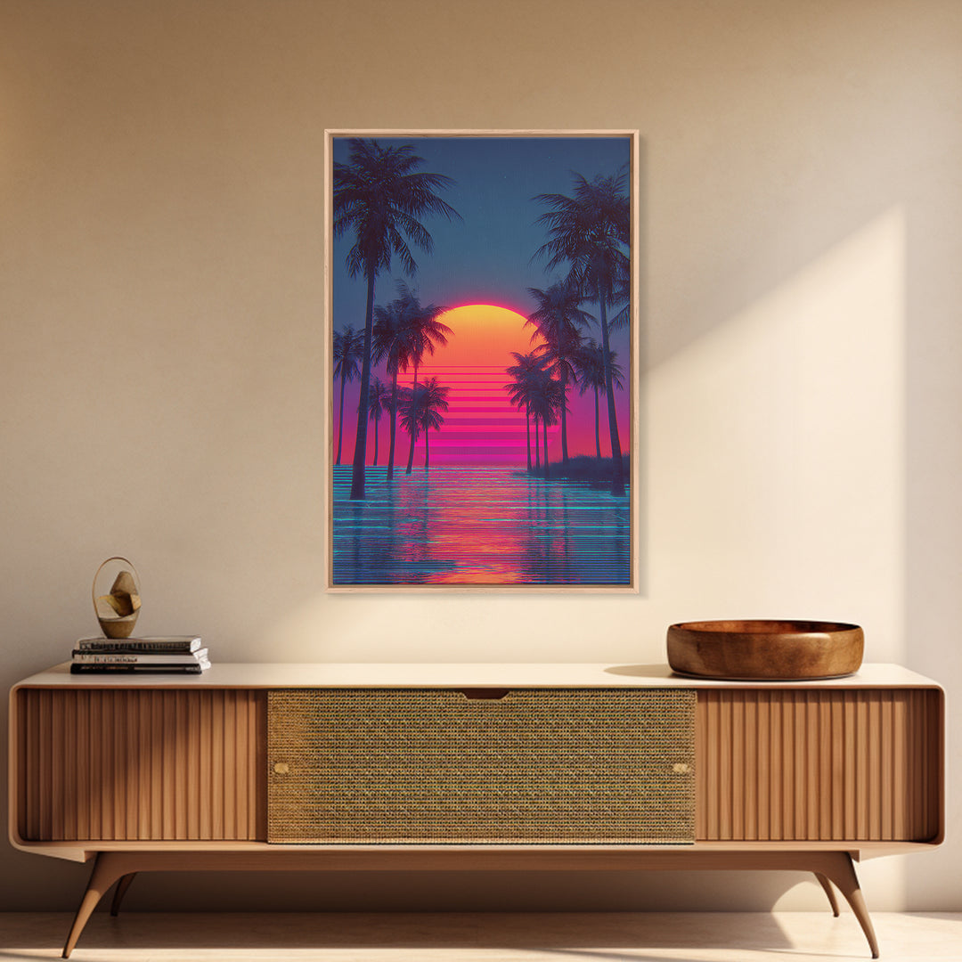 Sunset Over Tropical Beach With Palm Trees Vibrant Coastal Wall Art Canvas Print