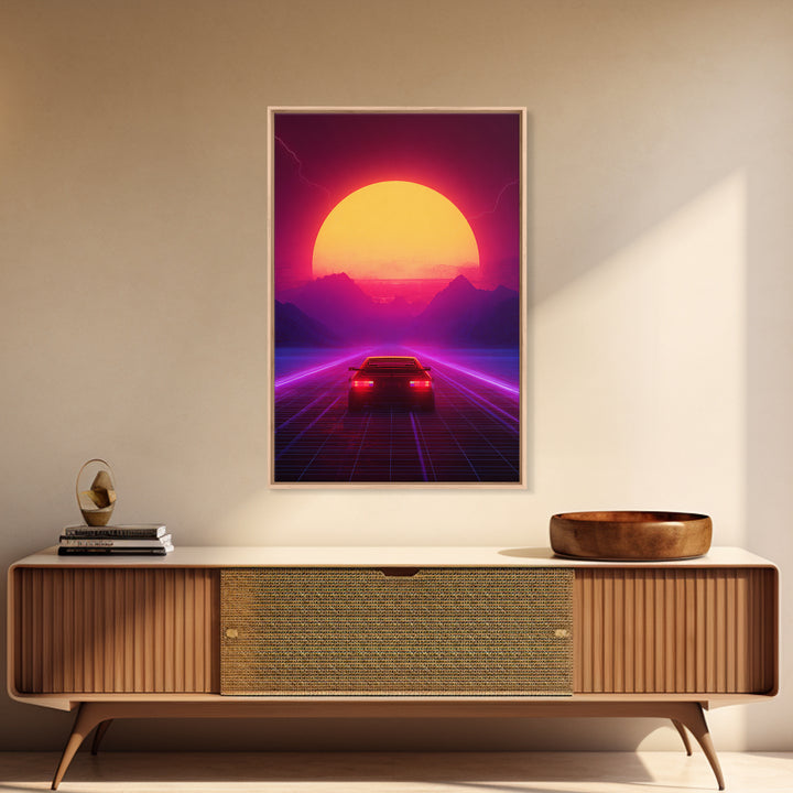 Synthwave Retro Neon Landscape With Sports Car And Palm Trees Under Glowing Sunset Canvas Print For Vaporwave Wall Art And Modern Decor