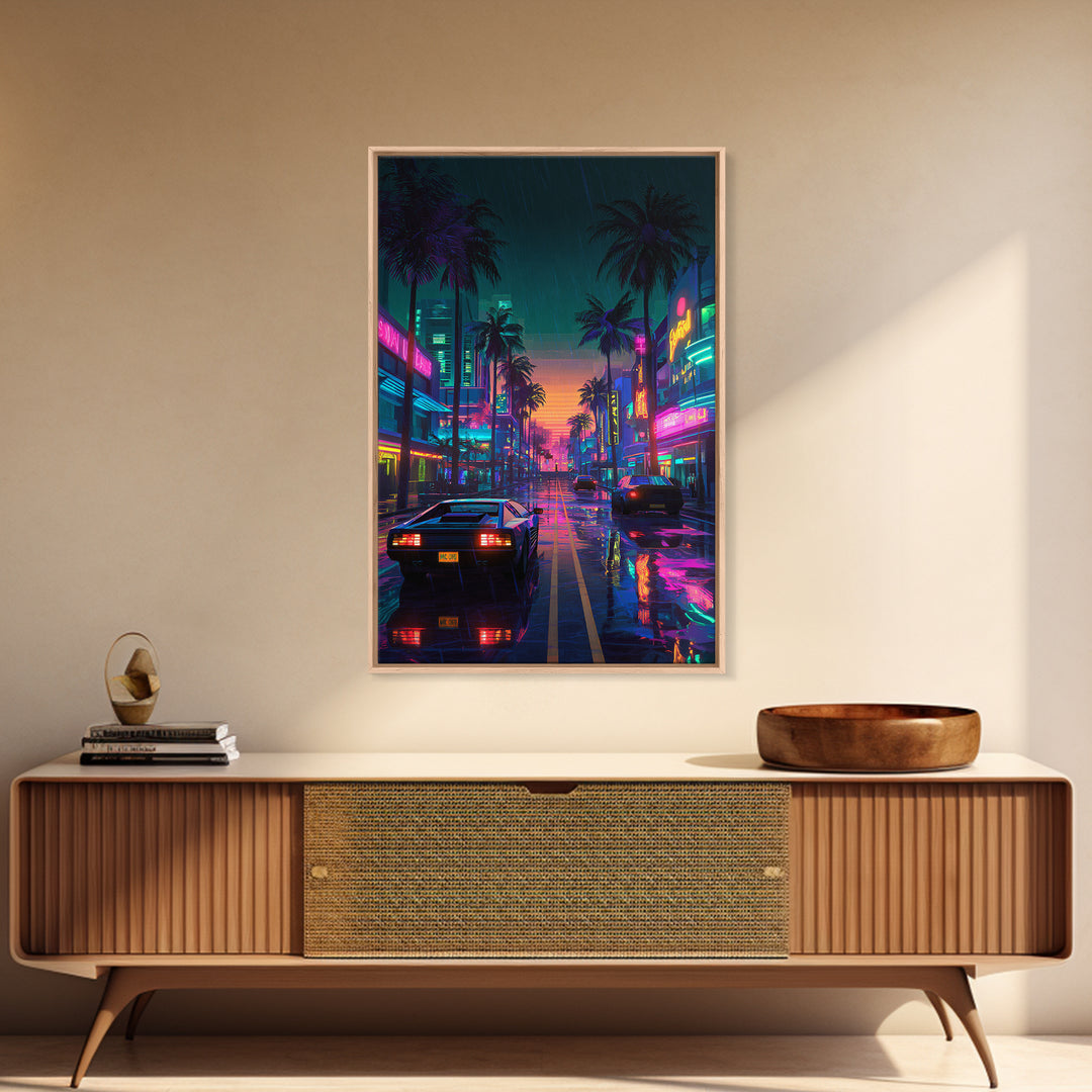 Neon City Rainy Night Street Retro Futuristic Art Print With Car Reflections And Palm Trees Canvas Print For Modern Wall Decor