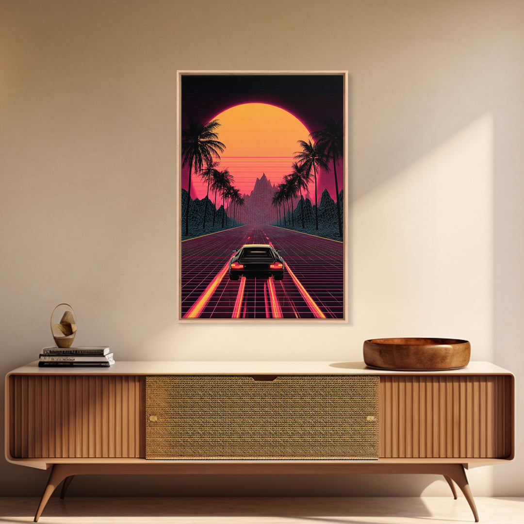 Retro Futuristic Neon Sunset Road With Laser Grid And Sports Car Canvas Print For Modern Wall Art Cyberpunk Decor And Gaming Room Decor