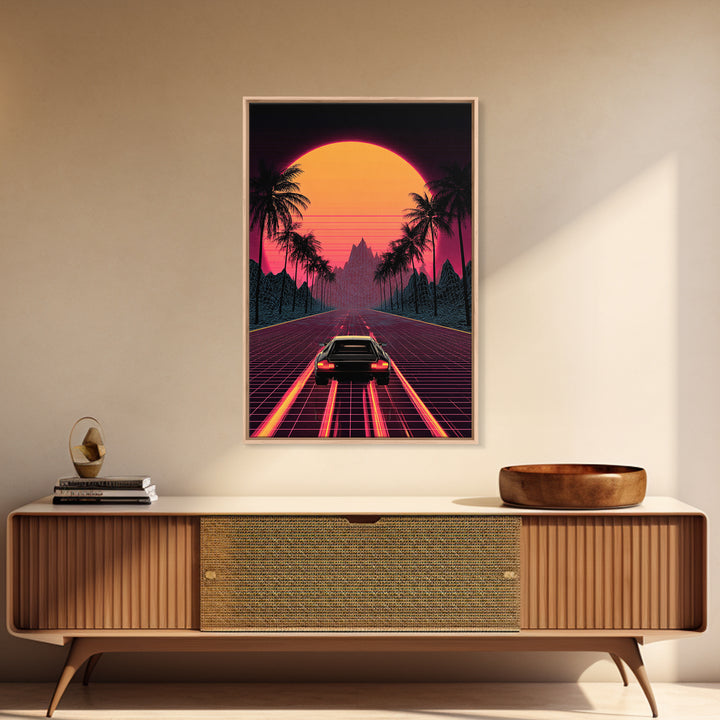 Retro Futuristic Neon Sunset Road With Laser Grid And Sports Car Canvas Print For Modern Wall Art Cyberpunk Decor And Gaming Room Decor