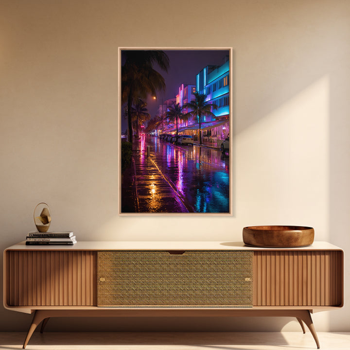 Neon City Street Rain Reflection Wall Art Vibrant Urban Nightscape Canvas Print For Modern Home Decor