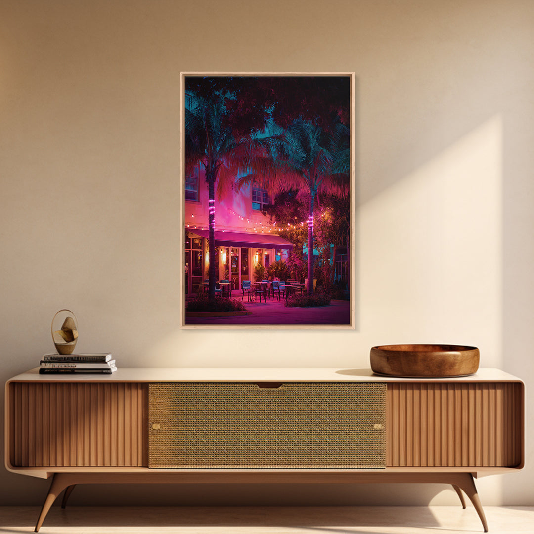Vibrant Nighttime Tropical Outdoor Cafe Scene In Pink And Blue Modern Wall Art Canvas Print