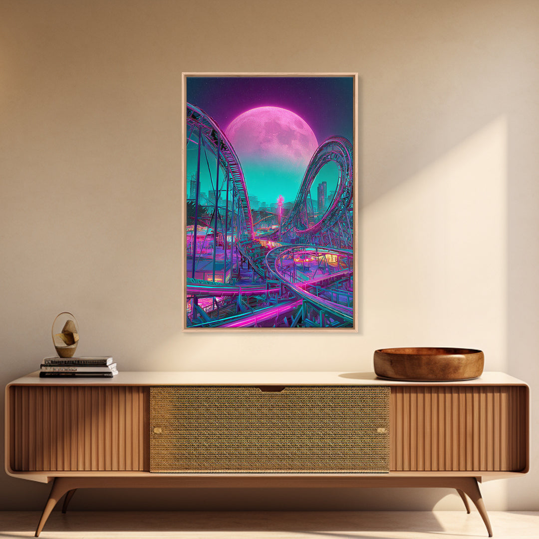 Vibrant Retro Futuristic Roller Coaster Scene With Neon Pink Moon Wall Art Canvas Print For Gamers Room Decor